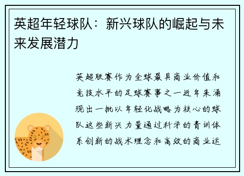 英超年轻球队：新兴球队的崛起与未来发展潜力